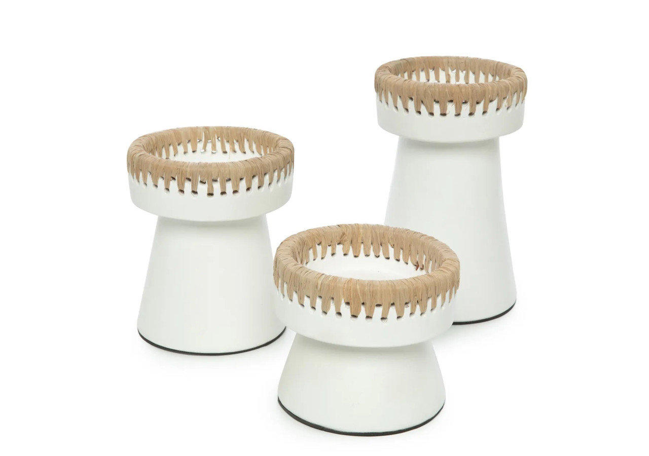 Bougeoir Élégant - Terracotta blanc avec accent raffia - JABR045WN-L - Bazar Bizar