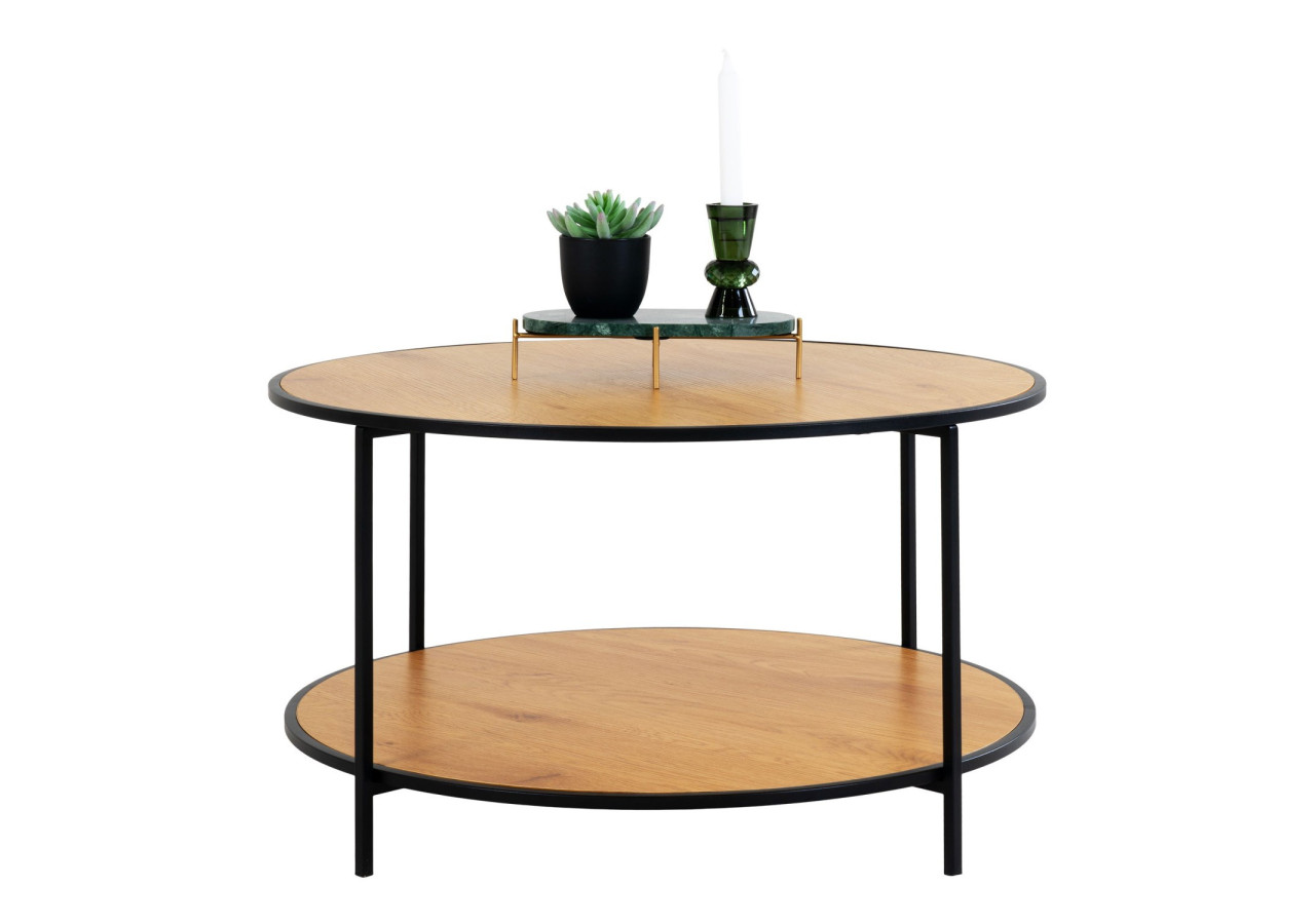 Table Basse VITA - Ronde avec cadre noir et plateau effet chêne 80 x 45 cm - 2101515 - House Nordic