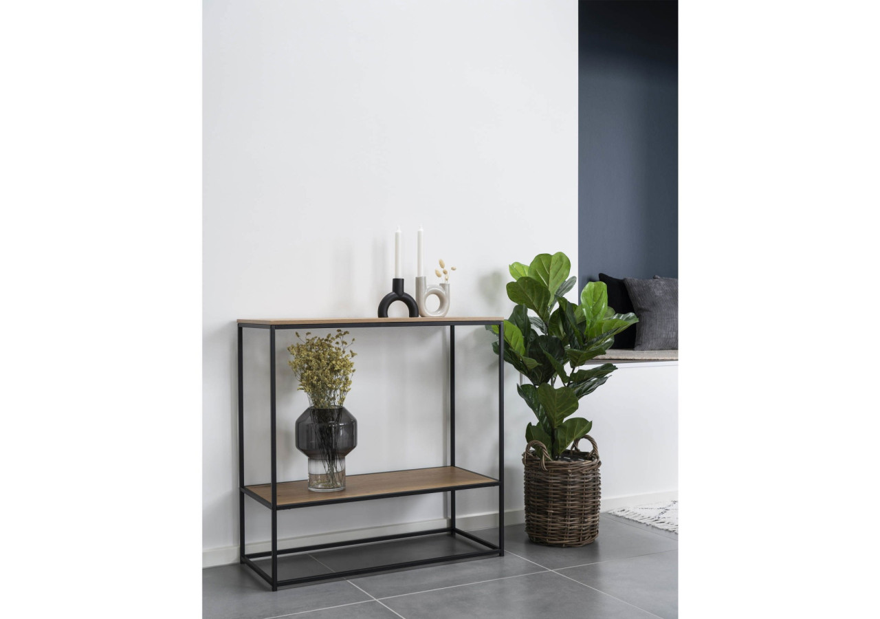 Table Console VITA - Cadre noir avec deux étagères effet chêne 80 x 36 x 80 cm - 2301075 - House Nordic