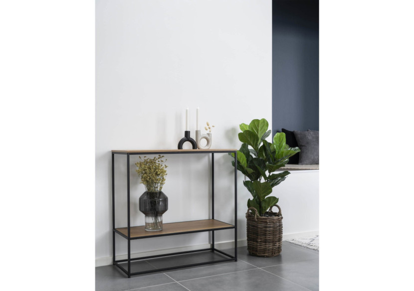 Table Console VITA - Cadre noir avec deux étagères effet chêne 80 x 36 x 80 cm - 2301075 - House Nordic