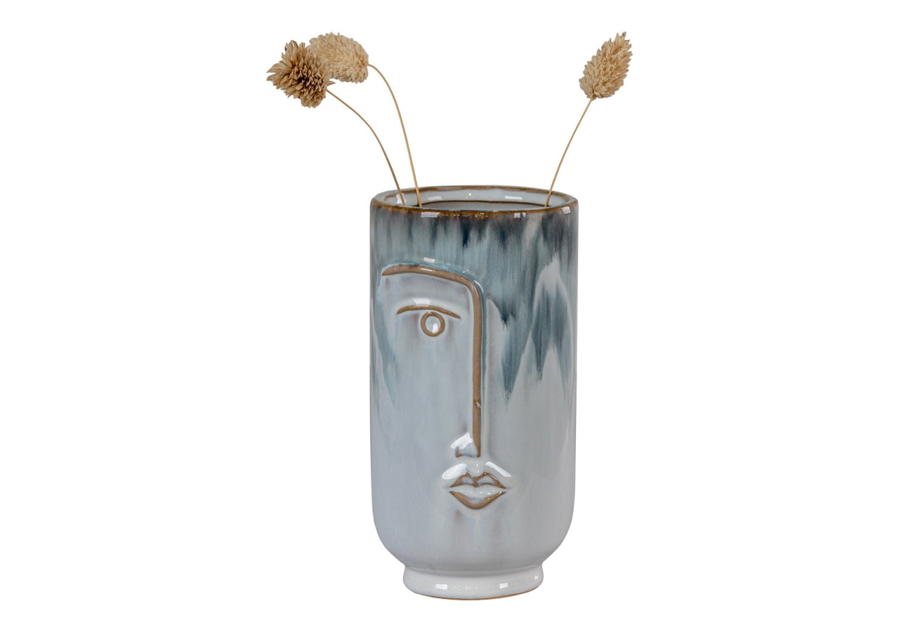 Vase en céramique - 2 tons de bleu, avec visage, rond, dimensions 9,5x17 cm - 4441760 - House Nordic