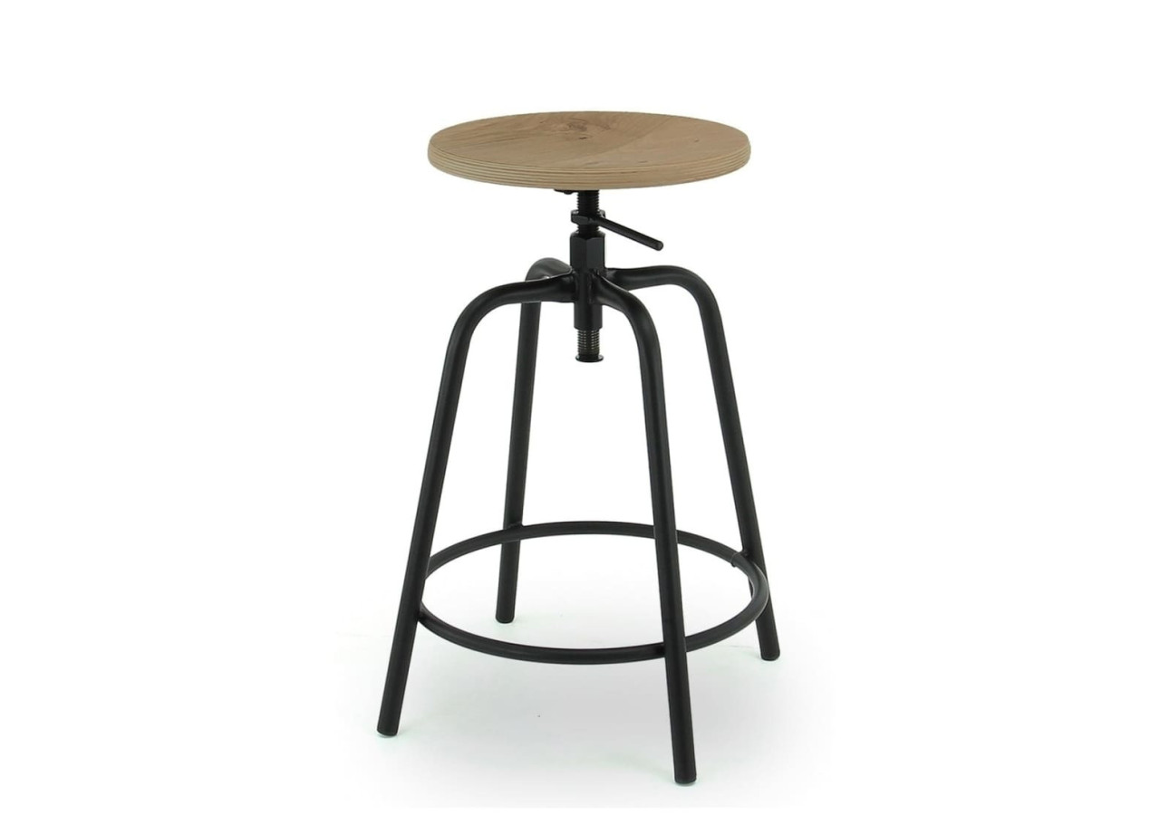 Tabouret de bar ROND - HPL chêne clair avec pied en acier noir - 3001903 - Workliving