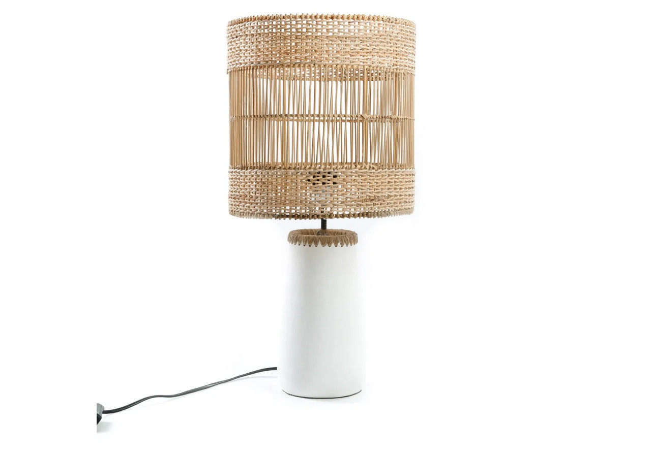 Lampe de Table Kiska - Terracotta blanche et décor raffia - JABR096WN - Bazar Bizar