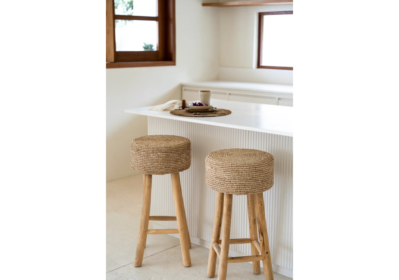 Tabouret BAR RAFFIA - Teck et raffia tissé - JACEM003N - Bazar Bizar