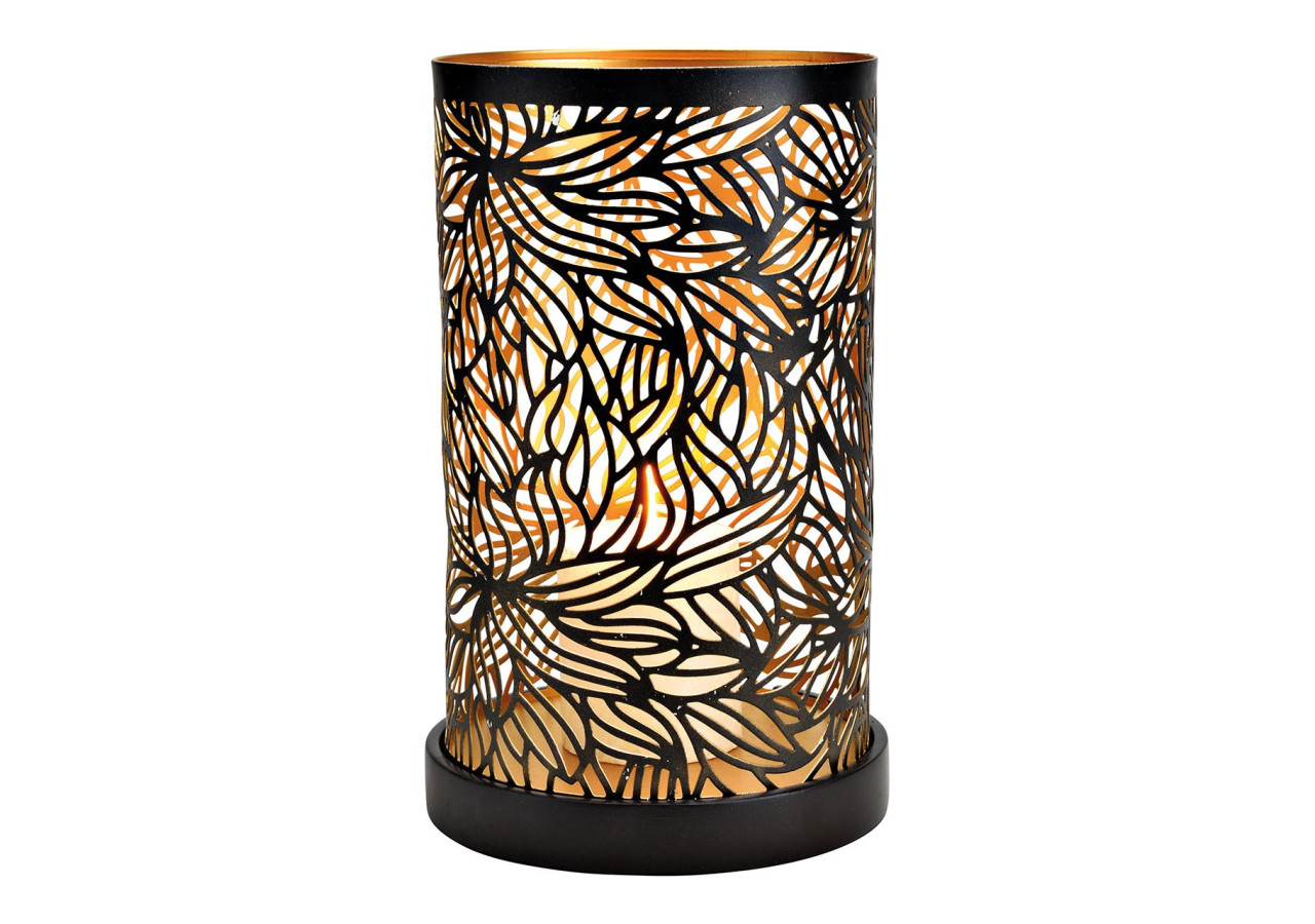 Lanterne décorative fleurs sur socle en bois de mangue - Noir et Or 16x27x16cm - 10033142 - WURM