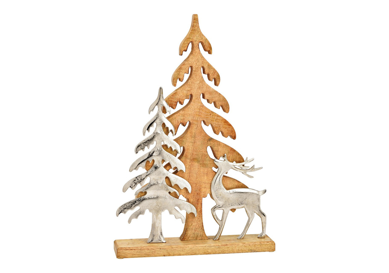 Décor Tannenbaum avec Cerf en Métal - Mangoholz Naturel 35x52x7cm - 10033898 - WURM