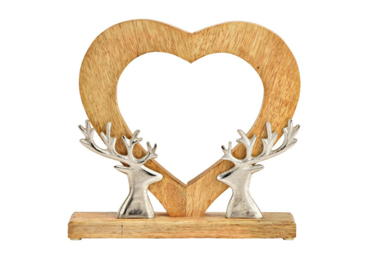 Cœur Décoratif avec Têtes de Cerf - Mangoholz/ Métal Naturel/Argent 26x26x6cm - 10033900 - WURM
