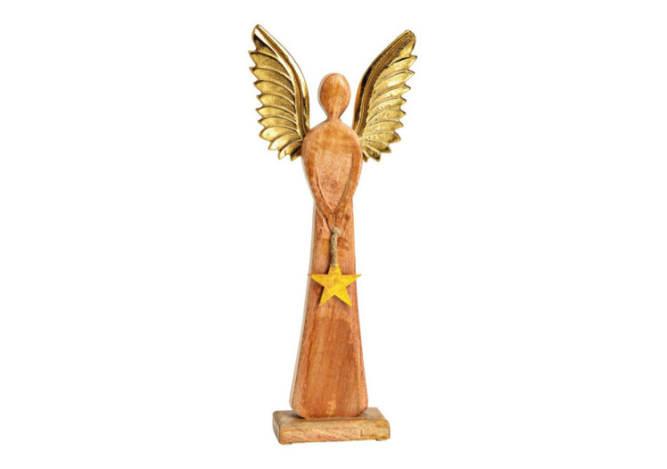 Angel Décoratif avec Ailes en Métal - Mangoholz Brun/Or 17x45x6cm - 10033903 - WURM