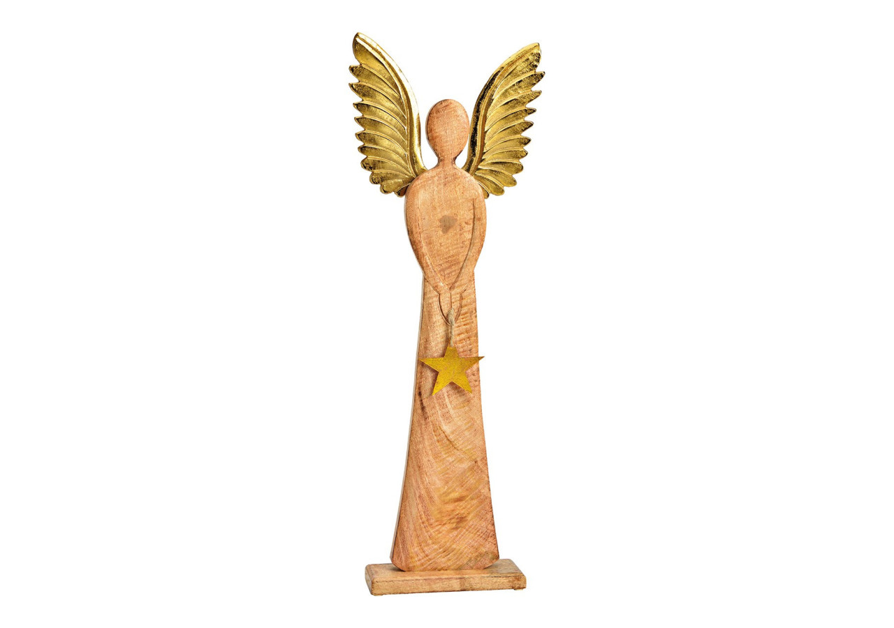 Angel Décoratif avec Ailes en Métal - Mangoholz Brun/Or 23x70x8cm - 10033904 - WURM