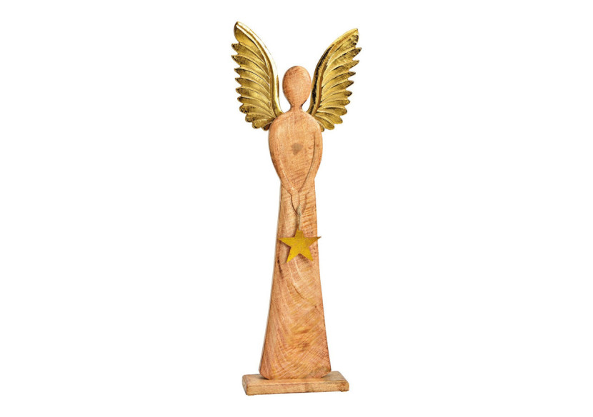 Angel Décoratif avec Ailes en Métal - Mangoholz Brun/Or 23x70x8cm - 10033904 - WURM