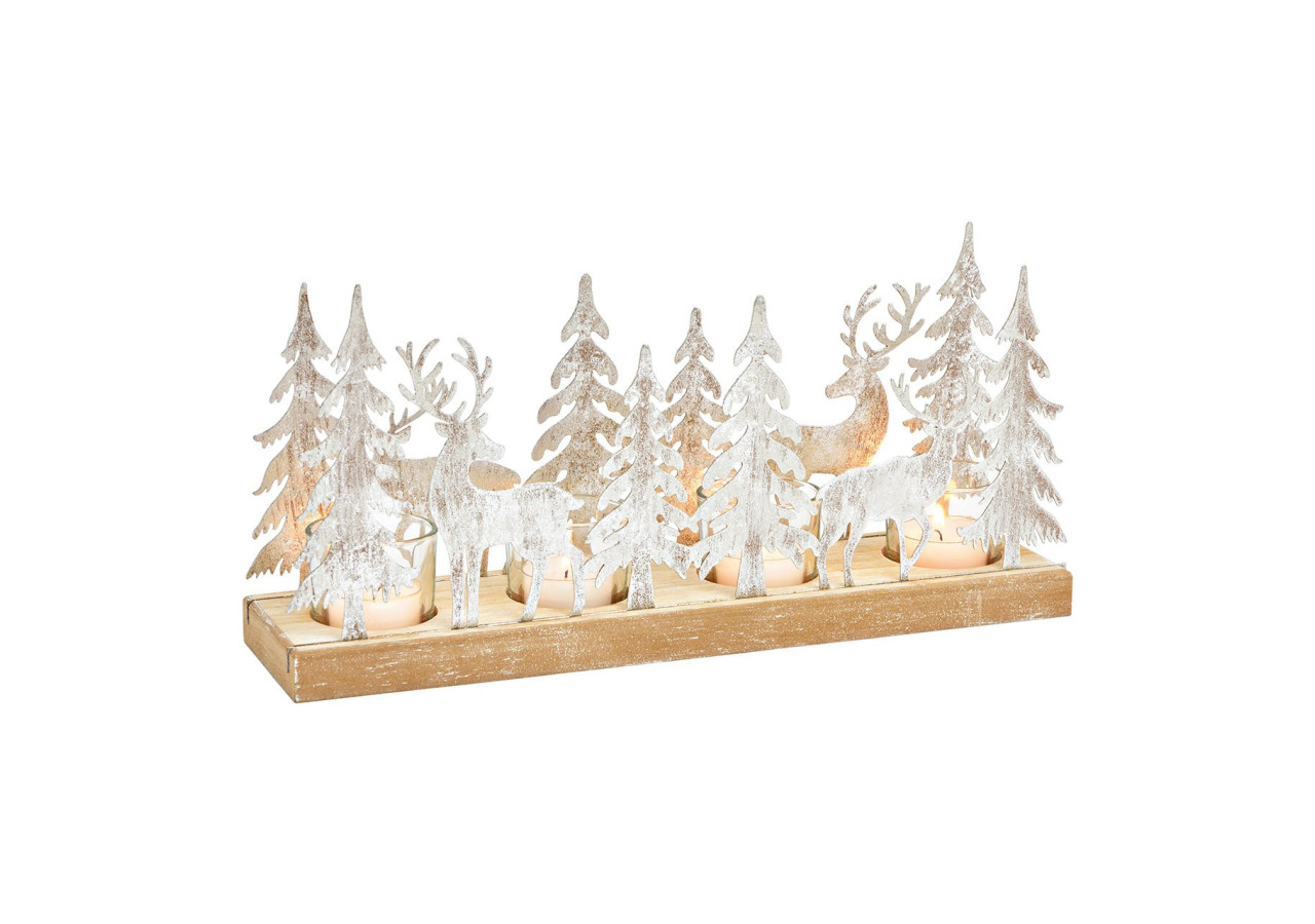 Décoration de l'Avent en bois, métal et verre - Décor cerf en forêt d'hiver, argenté 33x16x9cm - 10034406 - WURM
