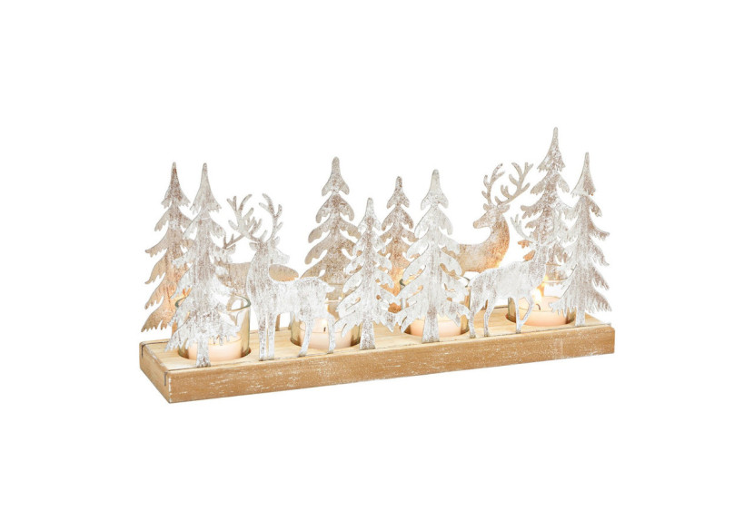 Décoration de l'Avent en bois, métal et verre - Décor cerf en forêt d'hiver, argenté 33x16x9cm - 10034406 - WURM