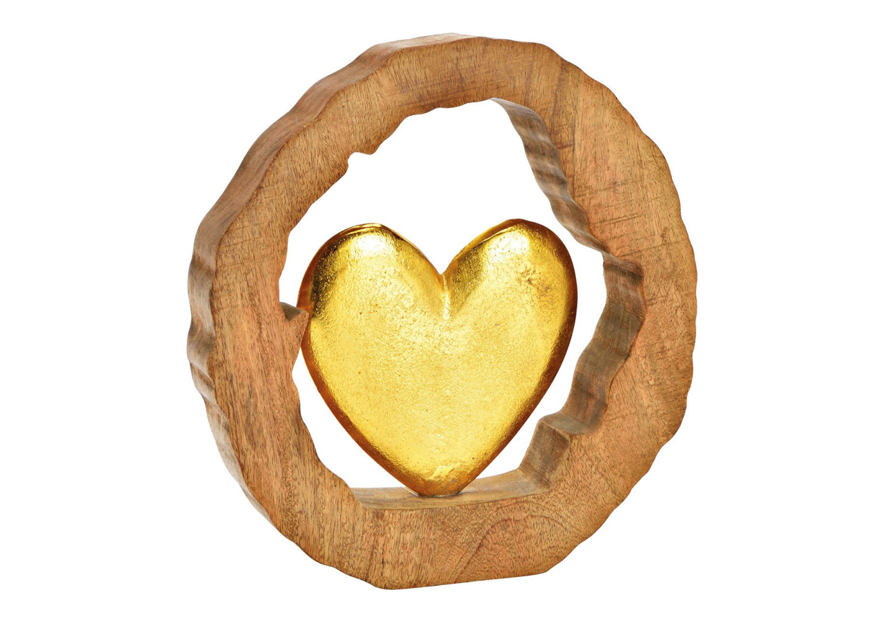 Porte-photo en bois de mangue - Cœur dans un cercle en métal doré 28x29x5cm - 10034560 - WURM