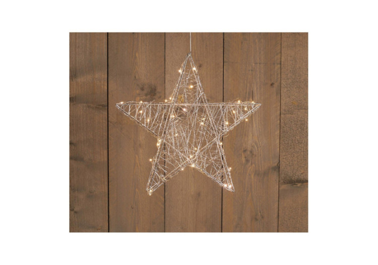 Étoile métallique argentée 40 cm - LED blanc chaud, minuterie 6/18h, fonctionne avec 3 piles AA - 10034826 - WURM