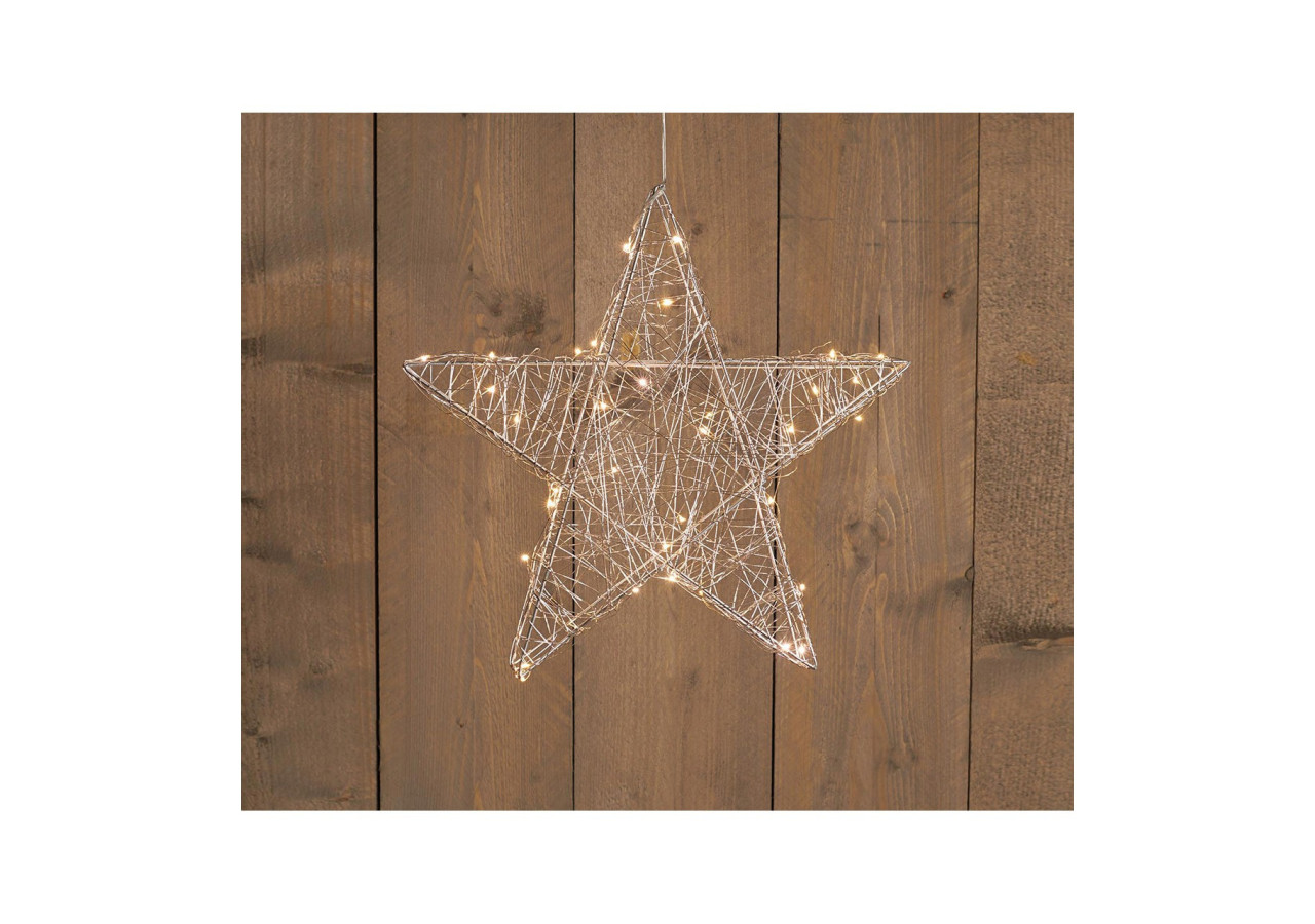 Étoile métallique argentée 40 cm - LED blanc chaud, minuterie 6/18h, fonctionne avec 3 piles AA - 10034826 - WURM