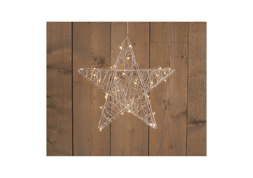 Étoile métallique argentée 40 cm - LED blanc chaud, minuterie 6/18h, fonctionne avec 3 piles AA - 10034826 - WURM