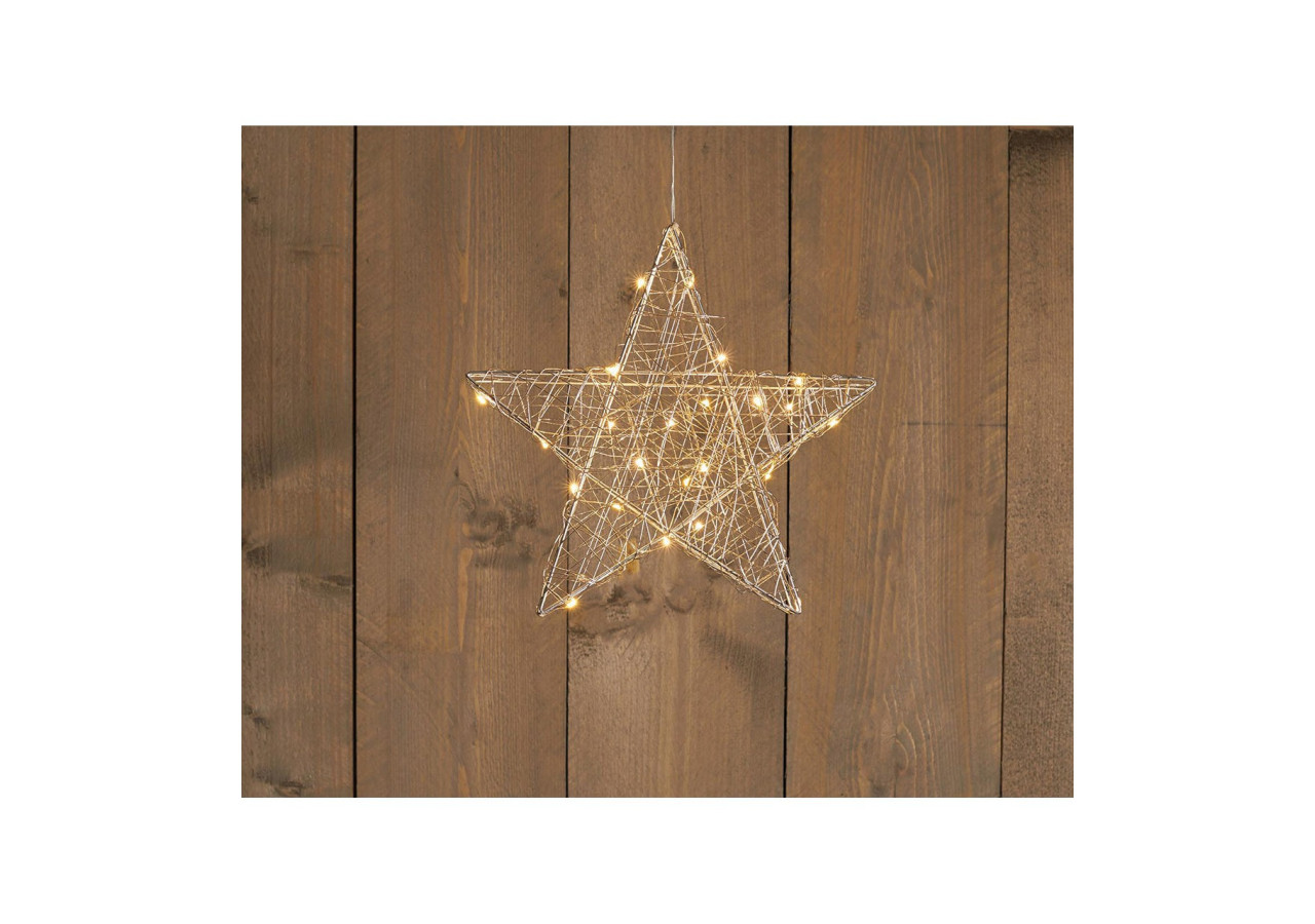 Étoile métallique argentée 30 cm - LED blanc chaud, minuterie 6/18h, alimentation par 3 piles AA - 10034827 - WURM