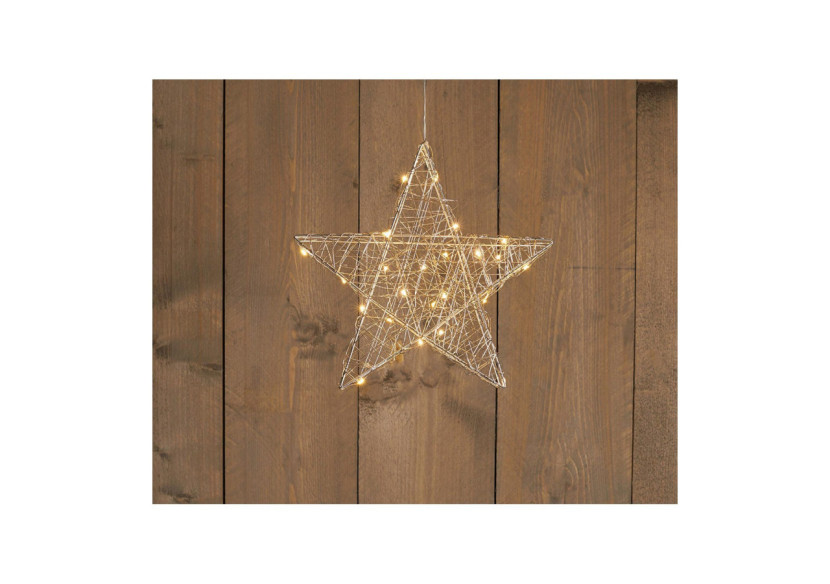 Étoile métallique argentée 30 cm - LED blanc chaud, minuterie 6/18h, alimentation par 3 piles AA - 10034827 - WURM