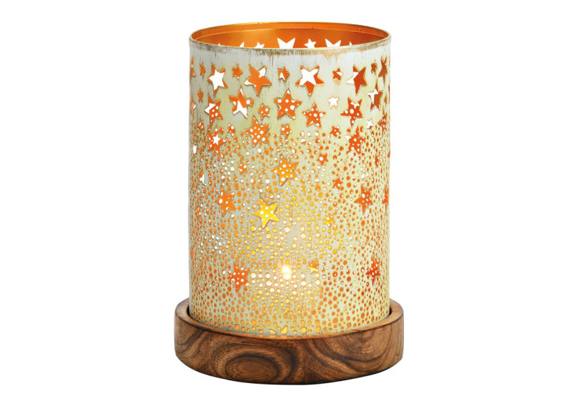 Lanterne en métal blanc et doré - Socle en bois de manguier 10x18x10cm - 10037331 - WURM