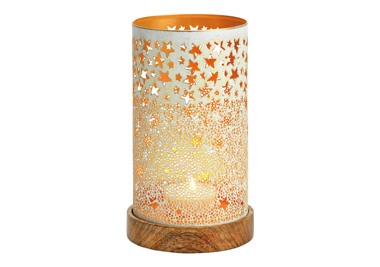 Lanterne en métal blanc et doré - Socle en bois de manguier 13x22x13cm - 10037332 - WURM