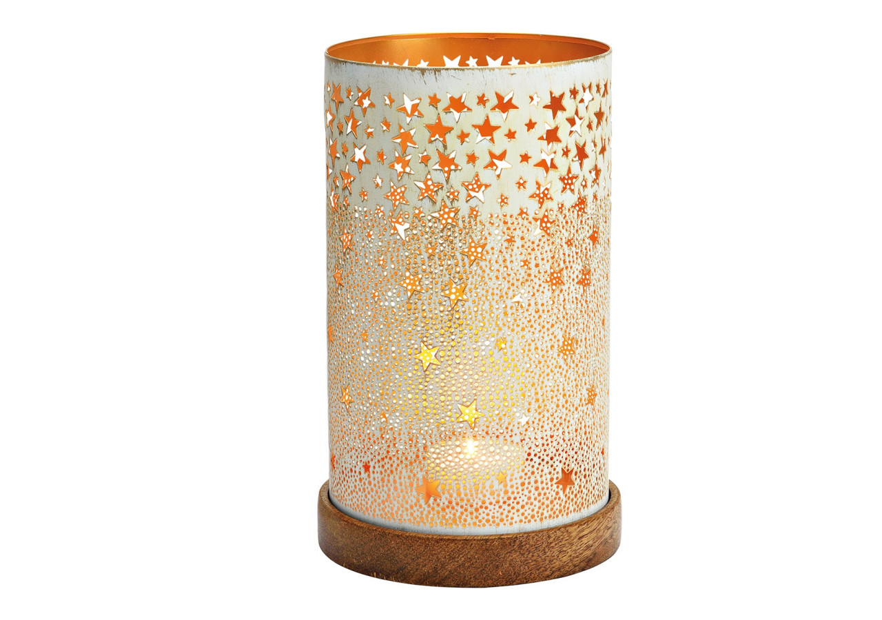 Lanterne en métal blanc et doré - Socle en bois de manguier 16x28x16cm - 10037333 - WURM