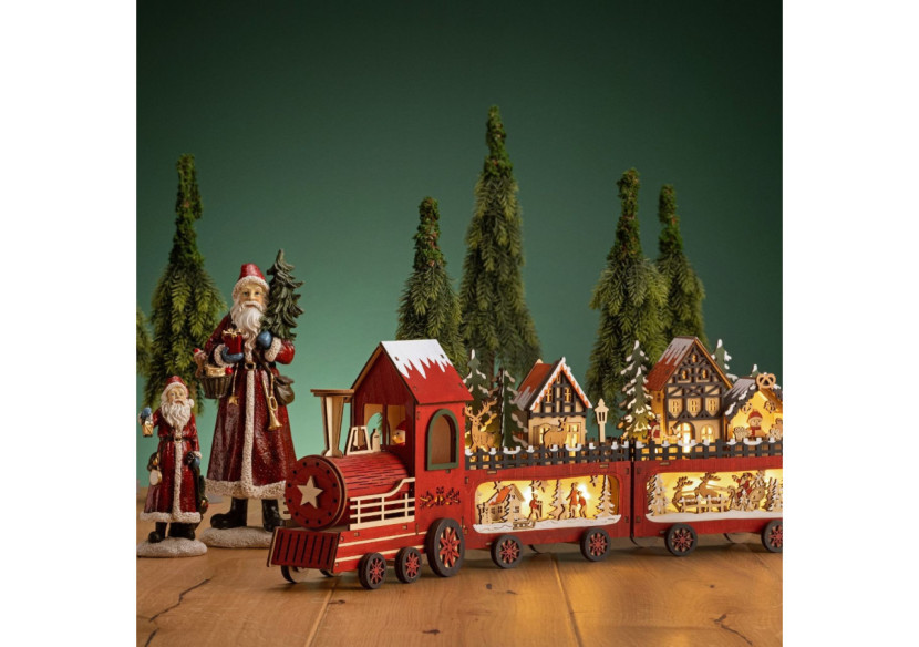 Scène Hivernale Train de Noël LED - Bois Rouge 56x19x8cm - 10039985 - WURM