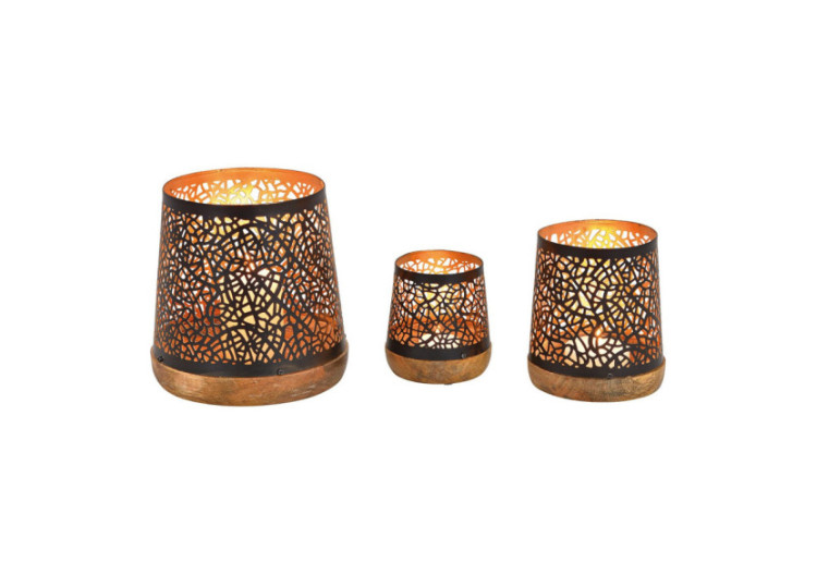 Set de Photophores en Métal sur Socle en Bois de Mangue - 3 Pièces - 10040693 - WURM