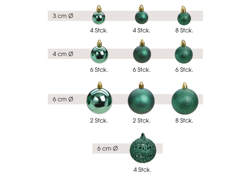 Boules de Noël en plastique - Set de 50 en vert, tailles 3/4/6 cm - 10040772 - WURM