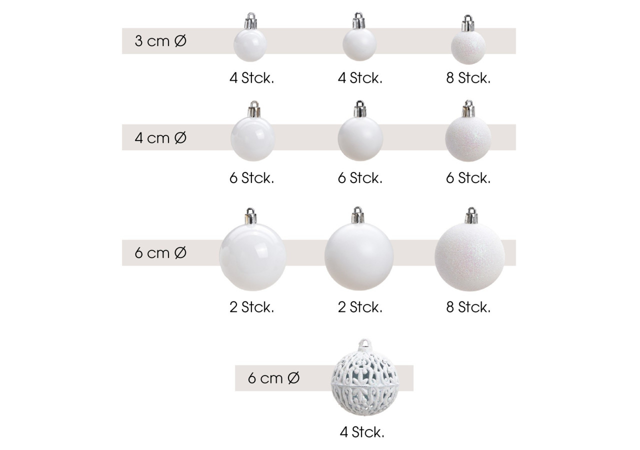 Boules de Noël en plastique - Set de 50, Blanc, 3/4/6cm - 10040774 - WURM