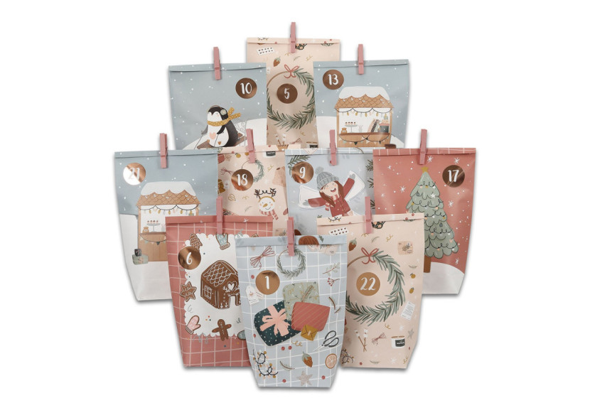 Calendrier de l'Avent Christmas Challenge - 24 Sacs Décorés avec Pinces Roses (14x22cm) - 10041073 - WURM