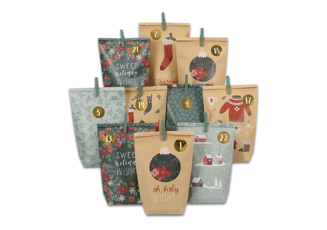Calendrier de l'Avent en Papier et Bois - 24 Sacs Décorés (14x22cm, Brun/Vert) - 10041074 - WURM