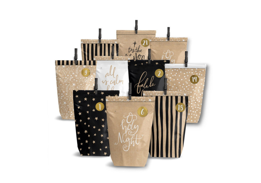 Calendrier de l'Avent en Papier et Bois - 24 Sacs Décorés (14x22cm, Brun/Noir) - 10041075 - WURM