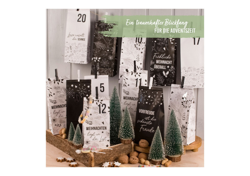 Calendrier de l'Avent Motifs de Noël - 24 Sacs Décorés en Papier (10x25x7cm, Noir/Blanc) - 10041076 - WURM
