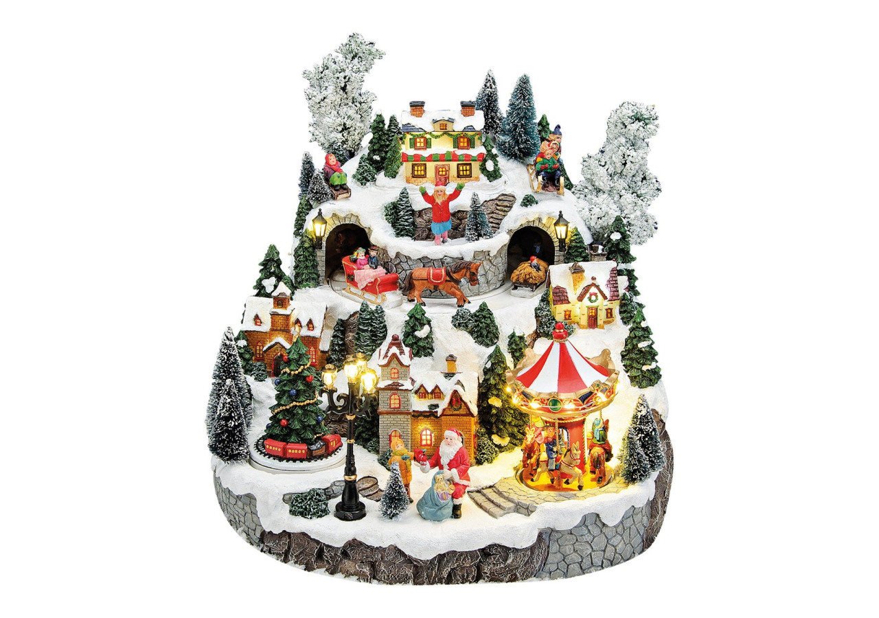 Scène d'Hiver avec Lumières et Musique - Chariot de Saint Nicolas, Arbre et Carrousel 33x33x32cm - 10055643 - WURM