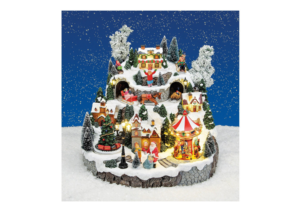 Scène d'Hiver avec Lumières et Musique - Chariot de Saint Nicolas, Arbre et Carrousel 33x33x32cm - 10055643 - WURM