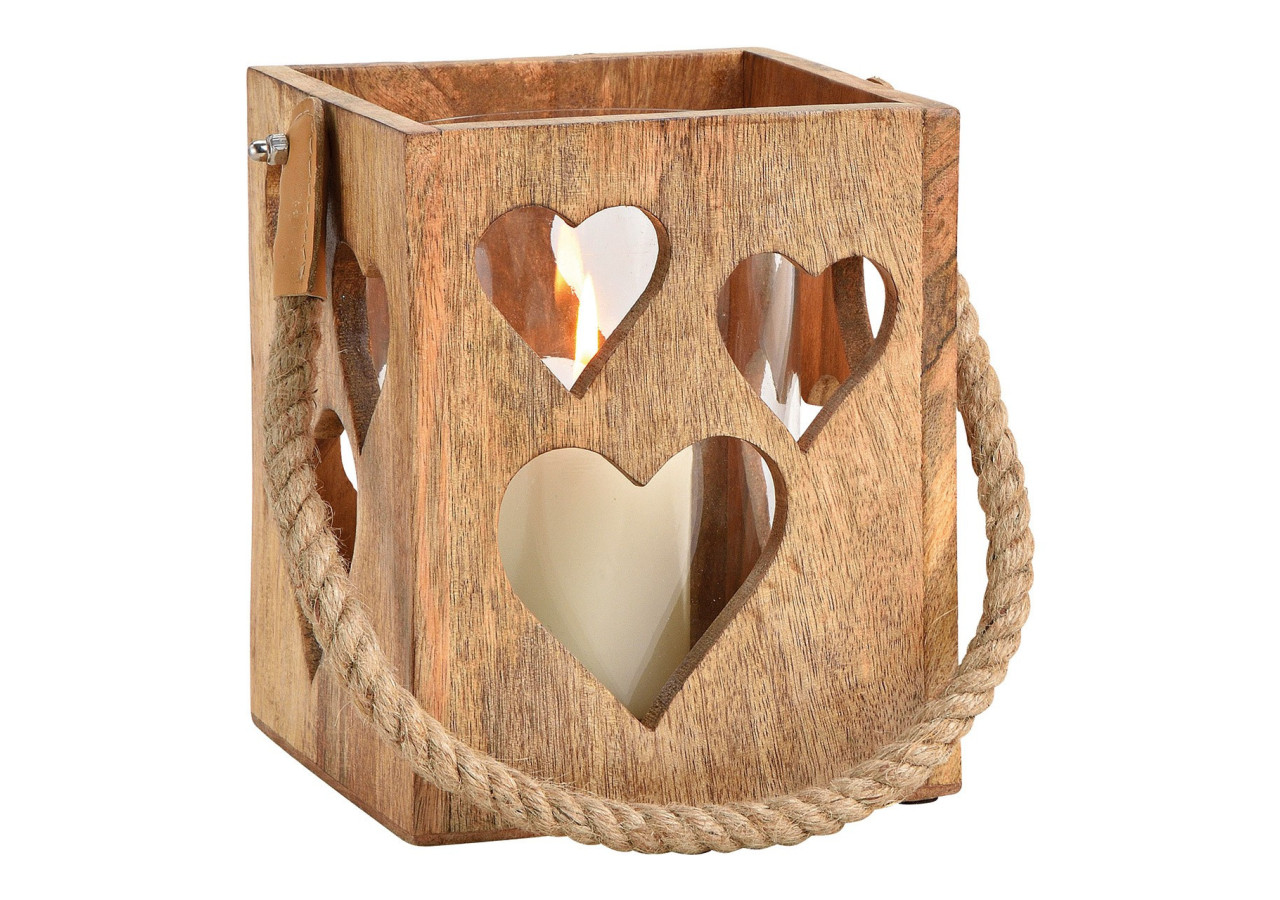 Lanterne Coeur en Verre et Bois de Mangue - 15x18x15cm - 10055974 - WURM