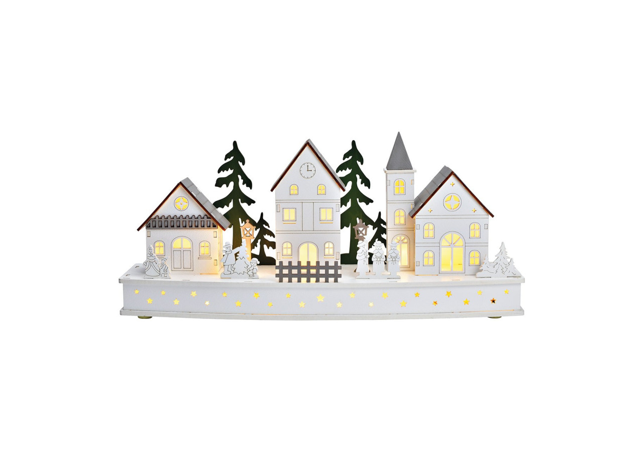 Scène d'hiver avec LED en bois blanc - Dimensions 44x20x12cm - 10033182 - WURM