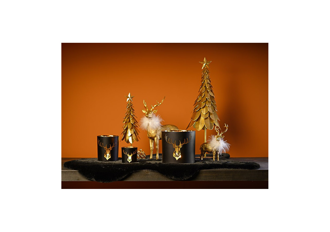 Lanterne décorative en verre - Motif cerf noir et doré 15x15x15cm - 10032916 - WURM