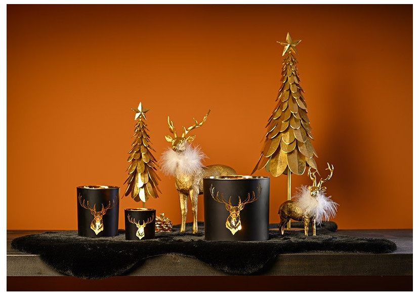 Lanterne décorative en verre - Motif cerf noir et doré 15x15x15cm - 10032916 - WURM