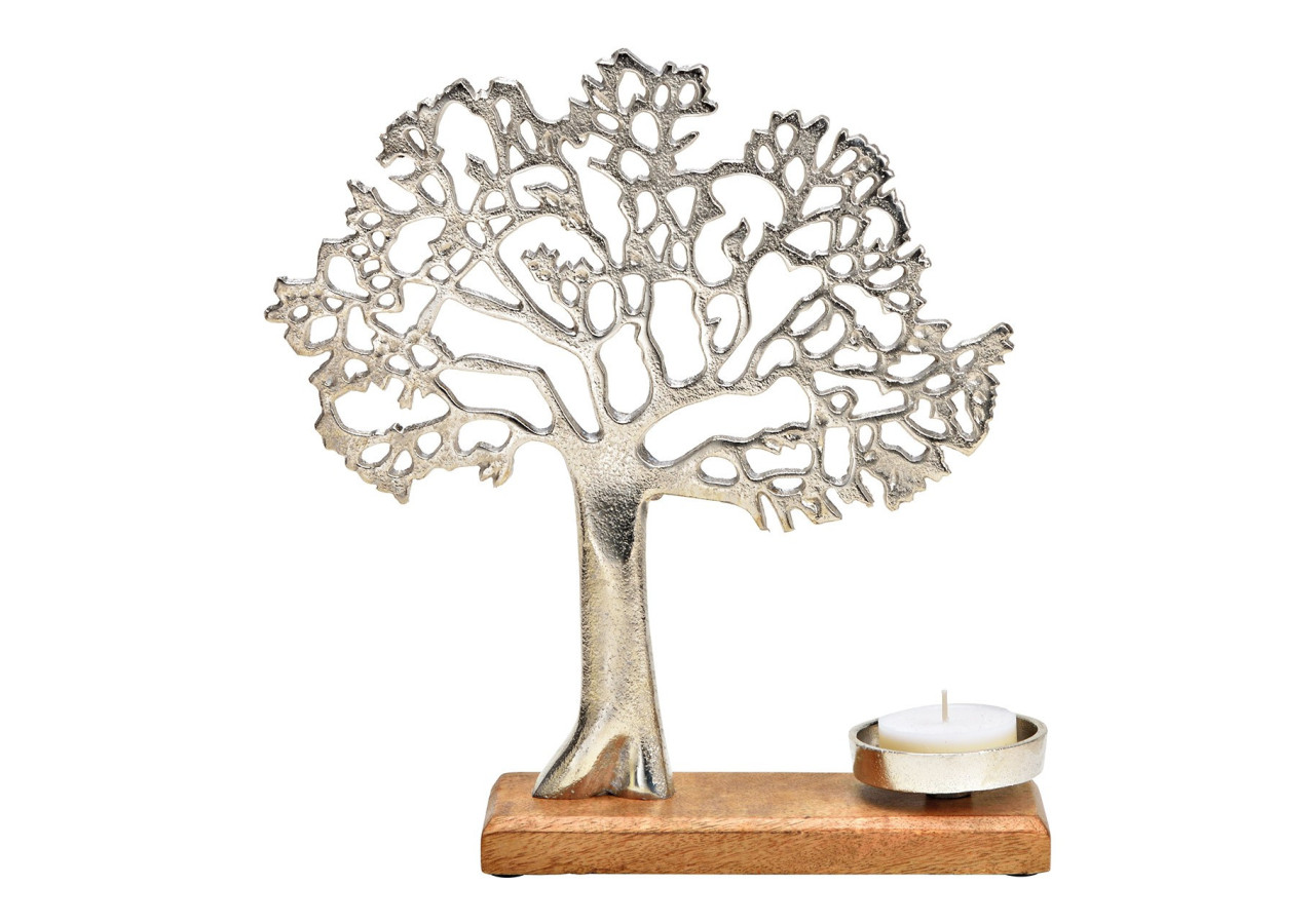 Bougeoir en forme d'arbre - Socle en mangue, métal argenté 31x33x8cm - 10032867 - WURM