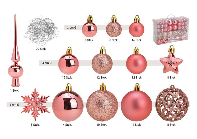 Boules de Noël en plastique - Set de 111, Rose/Pink 3/4/6 cm - 10031755 - WURM