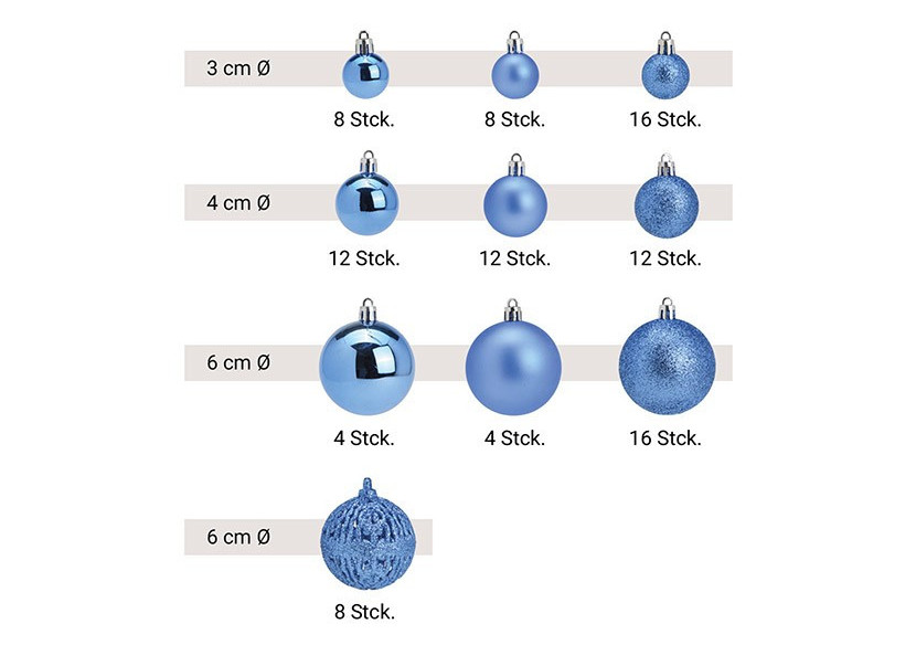 Boules de Noël en plastique - Set de 100, Bleu Roi 3/4/6 cm - 10031754 - WURM