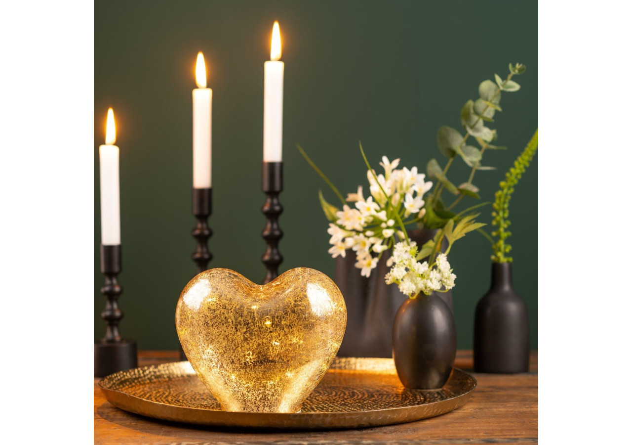 Cœur en verre doré avec 20 LED et minuterie - Dimensions 18x15x11cm - 10031719 - WURM