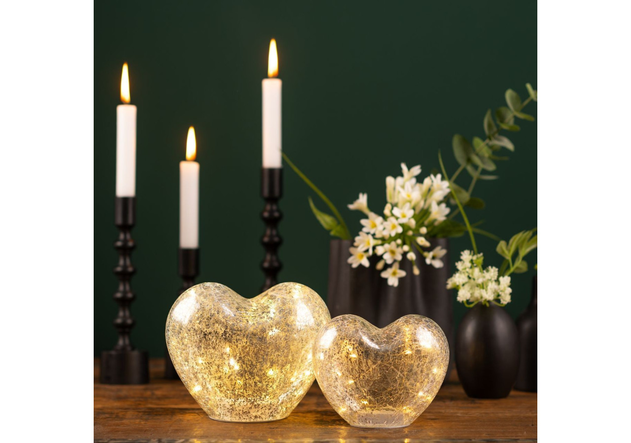 Cœur en verre argenté avec 20 LED et minuterie - Dimensions 18x15x11cm - 10031718 - WURM