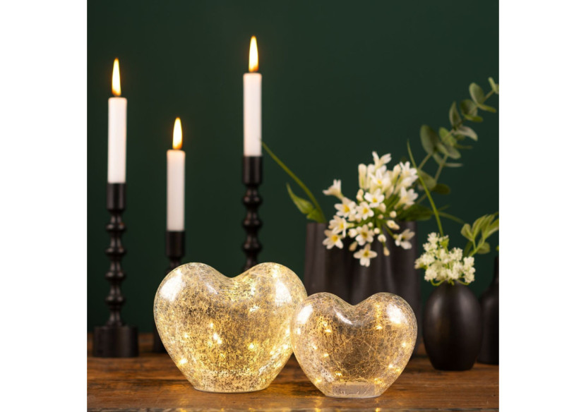 Cœur en verre argenté avec 20 LED et minuterie - Dimensions 18x15x11cm - 10031718 - WURM