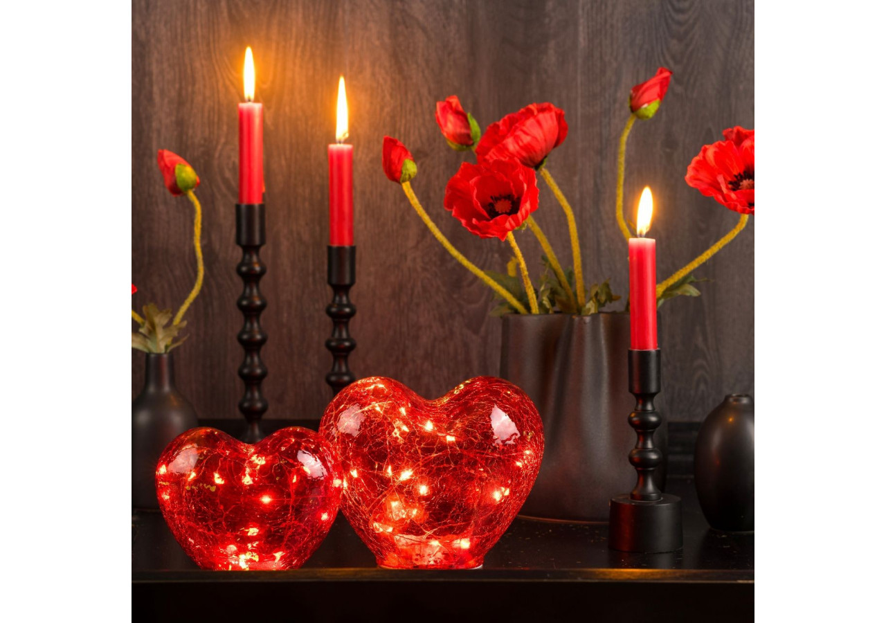 Cœur en verre rouge avec 20 LED et minuterie - Dimensions 18x15x11cm - 10031717 - WURM