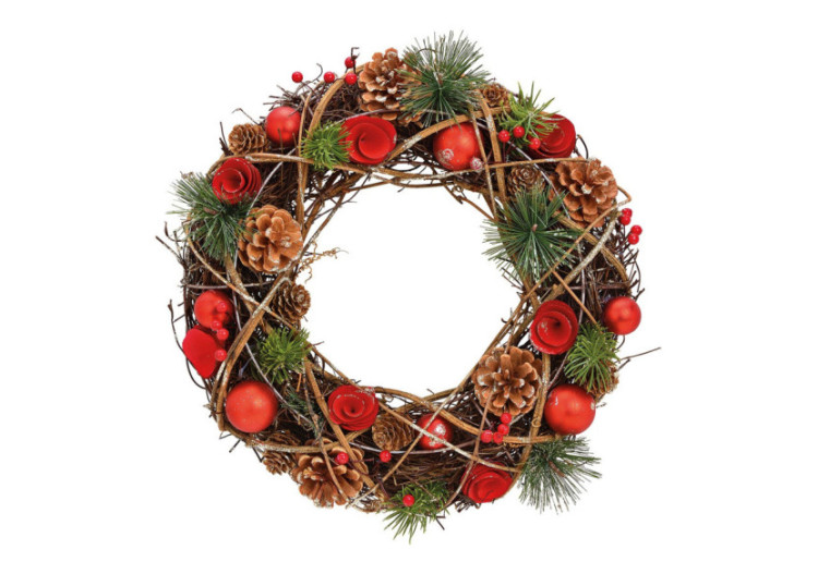 Couronne de Noël - Bois et Plastique Rouge/Marron 34x34x9cm - 10030570 - WURM