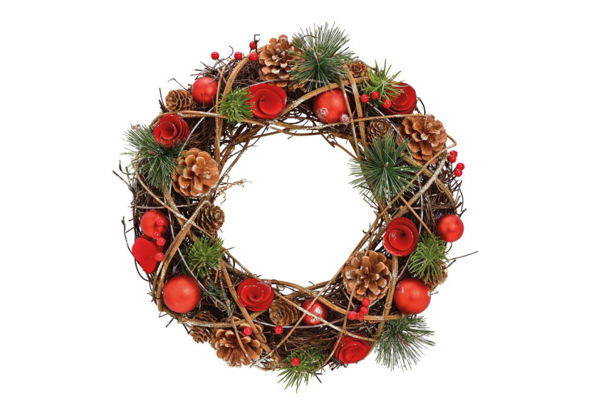 Couronne de Noël - Bois et Plastique Rouge/Marron 34x34x9cm - 10030570 - WURM