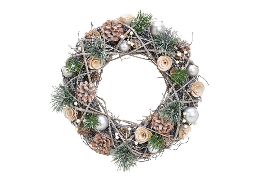 Couronne de Noël - Bois et Plastique Blanc/Argent 34x34x9cm - 10030568 - WURM