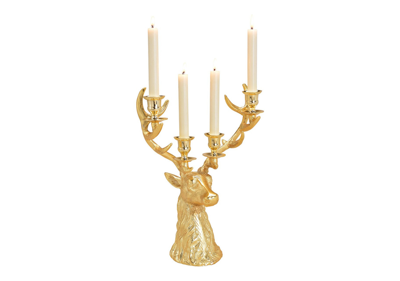 Bougeoir Tête de Cerf pour 4 Bougies - Métal Doré 30 x 40 x 18cm - 10029046 - WURM